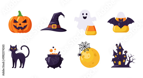 Halloween themed icons including pumpkin witch cat bat ghost and castle