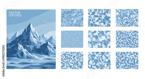 Collection of blue textured backgrounds and mountain landscape