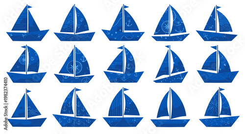 Collection of blue sailboats sailing on water in various positions