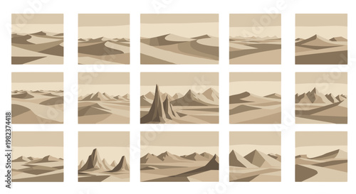 Set of desert landscape illustrations with sand dunes and rocky formations