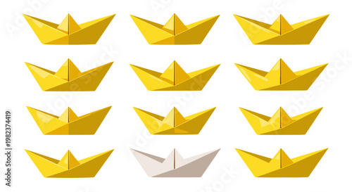 Collection of yellow paper boats arranged in a pattern