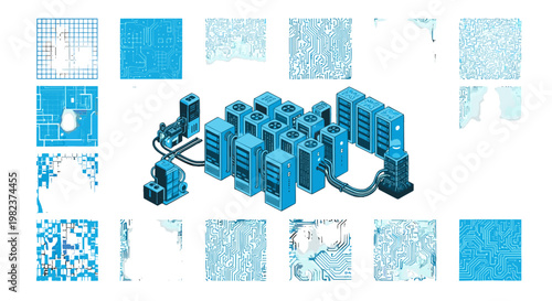 3d robotic arm assembling server racks in a modern data center