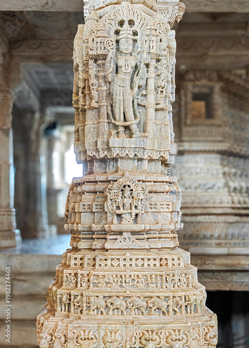 Ranakpur Jain Temple in Rajasthan, built in the 15th century and dedicated to Adinatha, is famed for its marble design, 1,444 unique pillars, symmetry, and serene spiritual ambiance.
