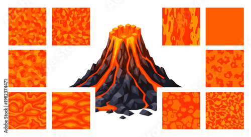 Illustration of erupting volcano with flowing lava and surrounding terrain