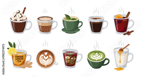 Collection of various coffee and tea beverages with different styles