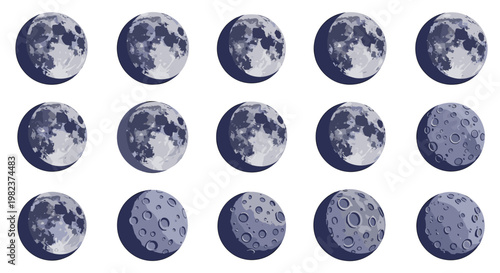 Collection of different phases of the moon in various sizes and textures