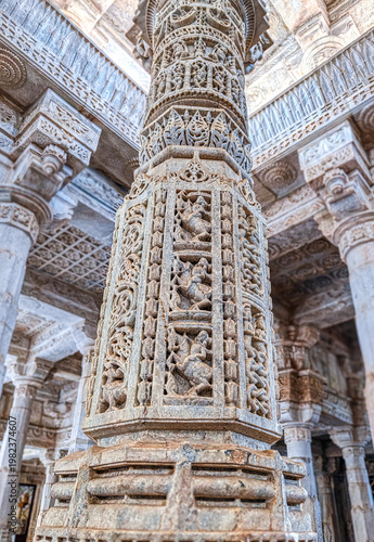 Ranakpur Jain Temple in Rajasthan, built in the 15th century and dedicated to Adinatha, is famed for its marble design, 1,444 unique pillars, symmetry, and serene spiritual ambiance.