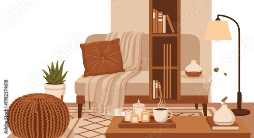 Cozy living room interior with armchair bookshelf and decorative items