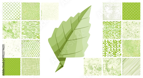 Green leaf with detailed veins on abstract geometric background