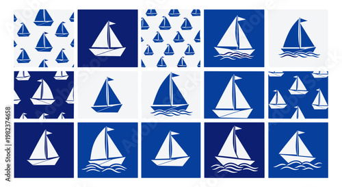 Collection of sailboats in various sizes and angles on blue background