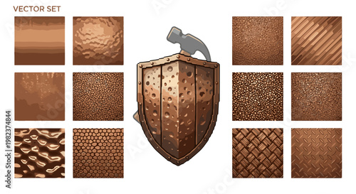 Set of textured copper tiles with shield and hammer for design