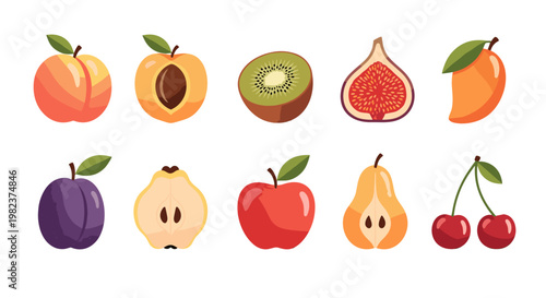 Collection of various fresh fruits including peach plum kiwi fig