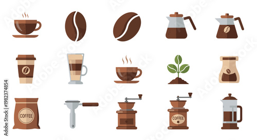 Collection of coffeerelated objects including cups beans and grinder