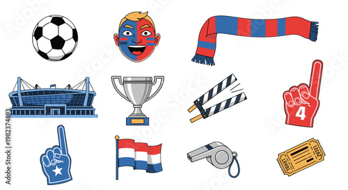Collection of soccer related icons including ball trophy and referee