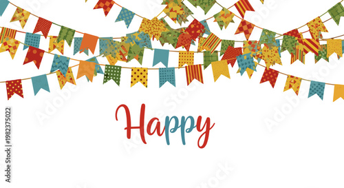 Colorful bunting flags hanging on string for celebration and party