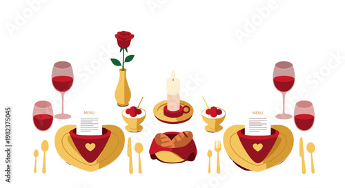 Romantic dinner setup with candles and wine glasses on table