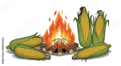 Corn on the cob with fire and logs for grilling or barbecue