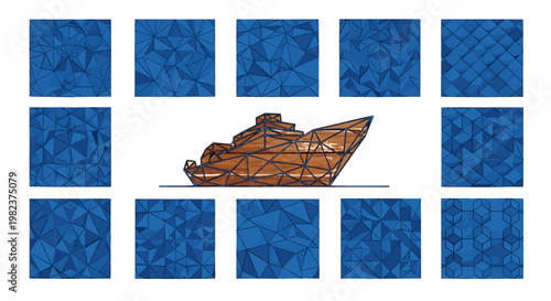 Broken wooden puzzle piece with scattered pieces on blue background