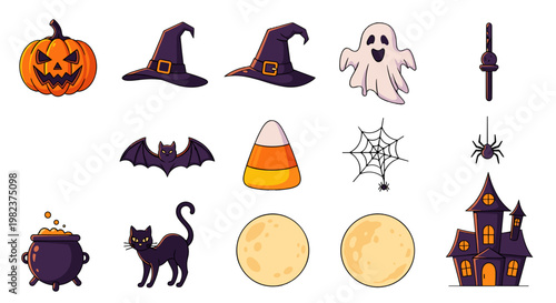 Halloween themed collection with pumpkin witch hat ghost spider bat and castle