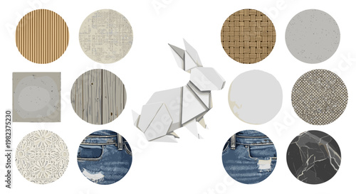 Origami rabbit sculpture surrounded by various textured circle samples