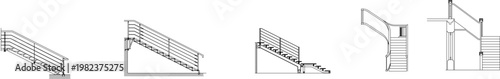 Minimalist architectural elevation vector of various staircase designs, featuring linear stairs with modern handrail details.