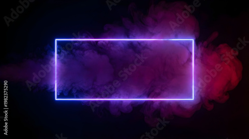 Neon purple frame with colorful smoke clouds, glowing rectangular border on black background, vibrant pink and blue vapor mist for creative copy space