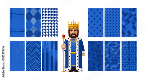 Cartoon king character with crown and scepter on blue background