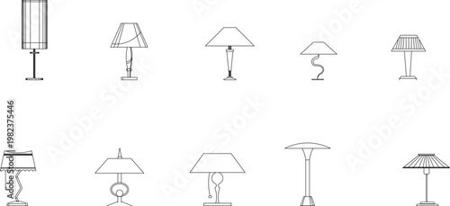 Minimalist outline vector illustration set of modern table lamps, featuring various linear shapes and geometric silhouettes.