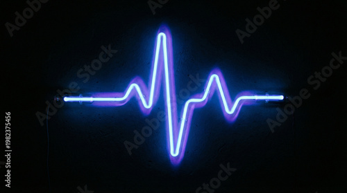 Neon heartbeat line glowing in blue and purple, medical pulse heart rate monitor sign, glowing EKG electrocardiogram rhythm on black background