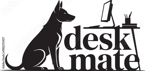 Black dog sits beside desk with computer and pen holder