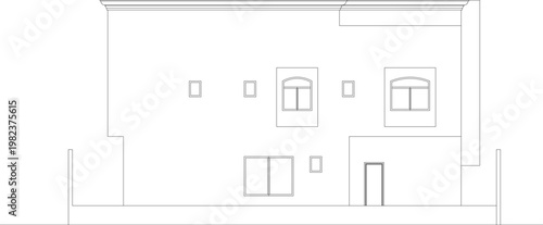 Technical architectural elevation of a building facade featuring asymmetrical square and arched windows with a simple entrance door.