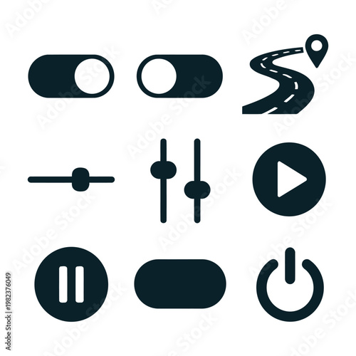 Vector set of multimedia icons, play and pause buttons, power switch, volume sliders, toggle switches, and road map pin isolated on white.