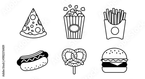 A collection of outline icons representing various popular fast food items and snacks.