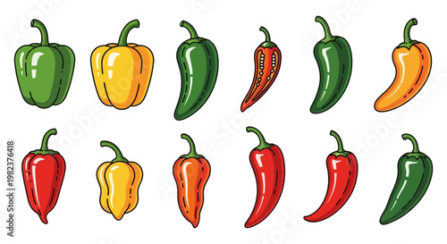 A vibrant collection of diverse chili peppers and bell peppers in various colors and shapes.