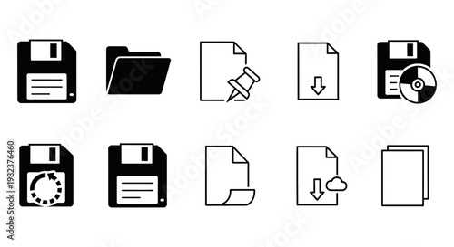 A collection of ten simple black icons representing digital files, folders, and floppy disk storage.
