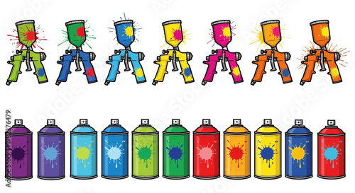 A vibrant collection of colorful spray paint guns and matching spray cans arranged neatly.