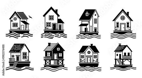A collection of eight distinct black and white illustrations of traditional stilt houses or floating homes on water.