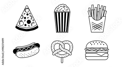 A clear collection of six solid filled illustrations depicting popular fast food and snack items.