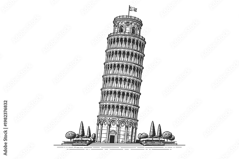 Fototapeta premium Detailed Architectural Drawing of the Leaning Tower of Pisa in Black and White Vintage Engraving Style, Iconic Italian Landmark and Monument in Tuscany, Vector Illustration for Travel Design.