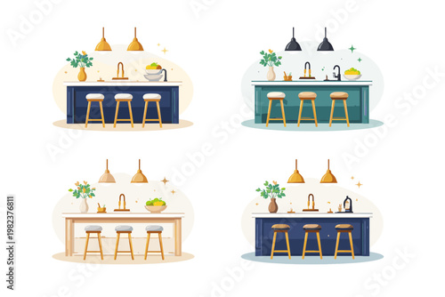 Vector illustration set of custom-built luxury kitchen islands with bar stools, pendant lights, and decorative accessories. Elegant interior design concepts for modern home kitchen renovations.