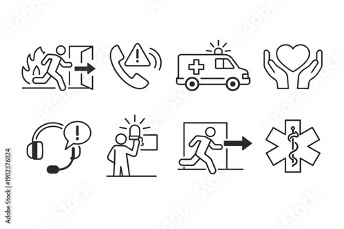 Emergency Line Icons Set with Evacuation Fire Exit SOS Call Ambulance Medical Help Hotline Support Fire Alarm and Star of Life Symbols for Safety Rescue First Aid and Healthcare Vector Illustration
