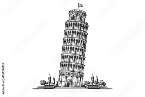 Detailed Architectural Drawing of the Leaning Tower of Pisa in Black and White Vintage Engraving Style, Iconic Italian Landmark and Monument in Tuscany, Vector Illustration for Travel Design.