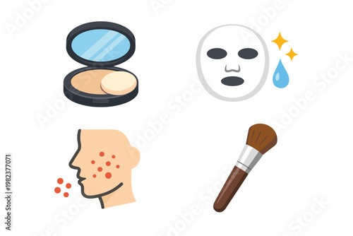 Vector Illustration Set of Skincare and Makeup Icons Including Compact Powder with Mirror, Moisturizing Facial Sheet Mask, Human Face with Acne Breakout, and Professional Cosmetic Makeup Brush.