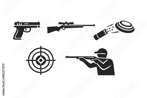 Set of black vector icons for shooting sports and firearm activities featuring a handgun, sniper rifle with scope, clay target shooting, bullseye target, and a marksman aiming a rifle at a range.