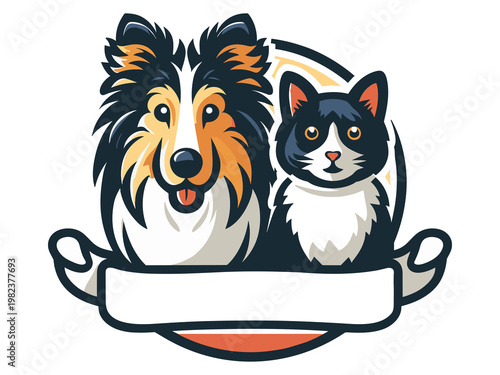 Pet Shop with Collie and Cat Line Art: Animal Care Icon, Domestic Pets Symbol, Minimalist Business Graphic, Professional Pet Retail Illustration