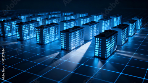 Blue illuminated building models on grid