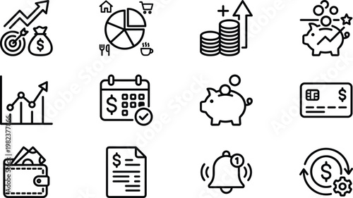 A collection of black and white financial icons on a white background for business use