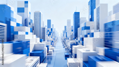 Futuristic cityscape with blue and white buildings