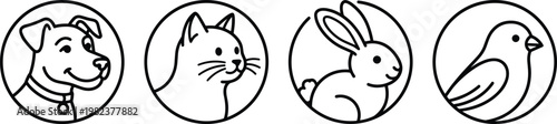 A simple black and white illustration of four common household pets in circles