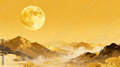 Golden moon over mountain landscape